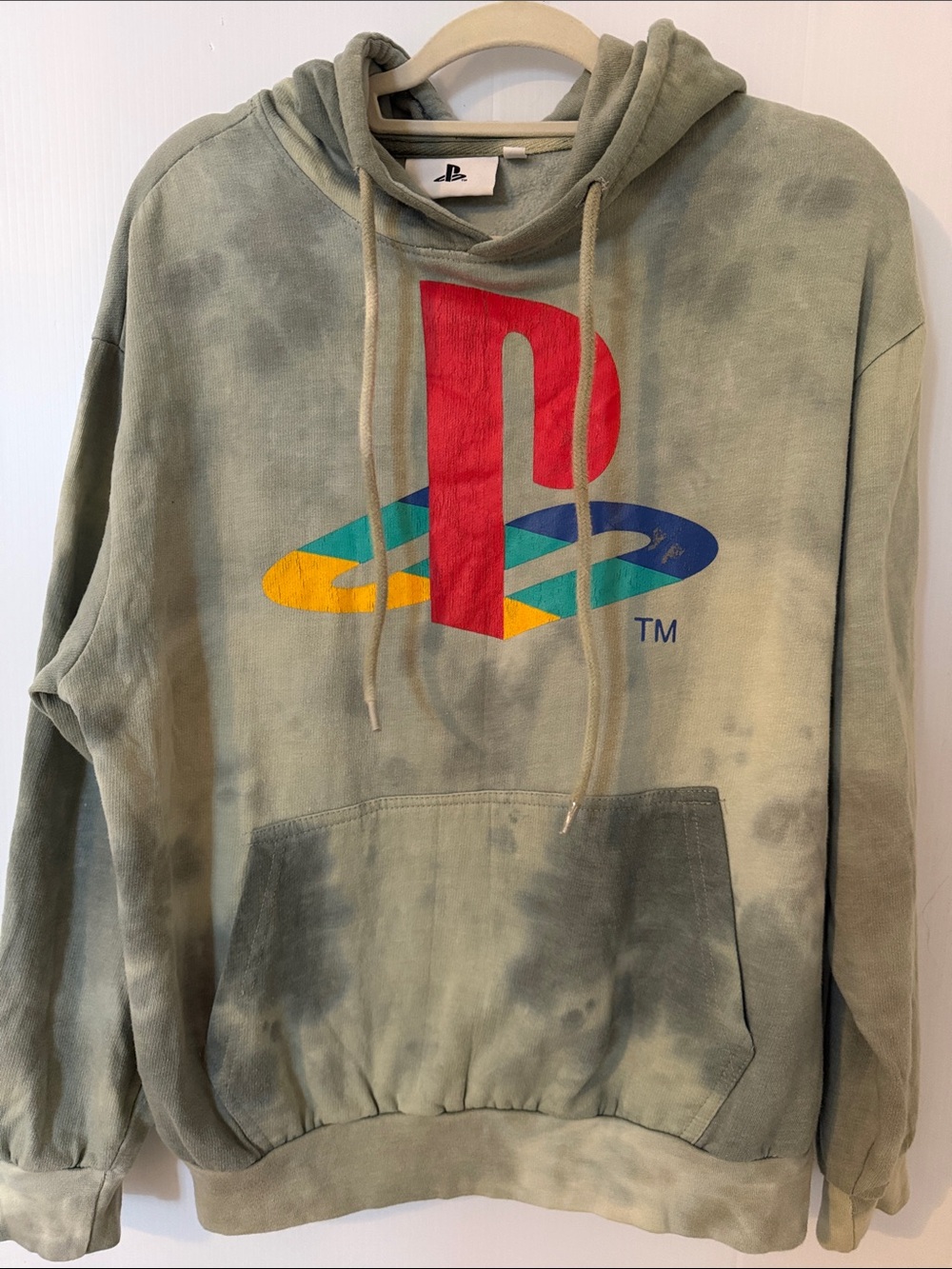 Sony Olive Tie-Dye Crewneck Hoodie with Multicolor PlayStation Logo